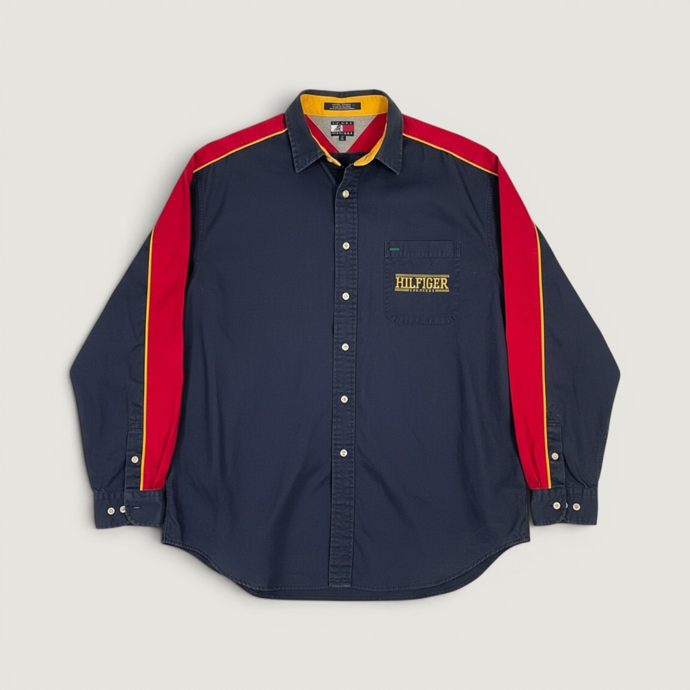 Vintage Tommy Hilfiger Athletics Button Shirt Mens XL Y2K Color Block Navy Red